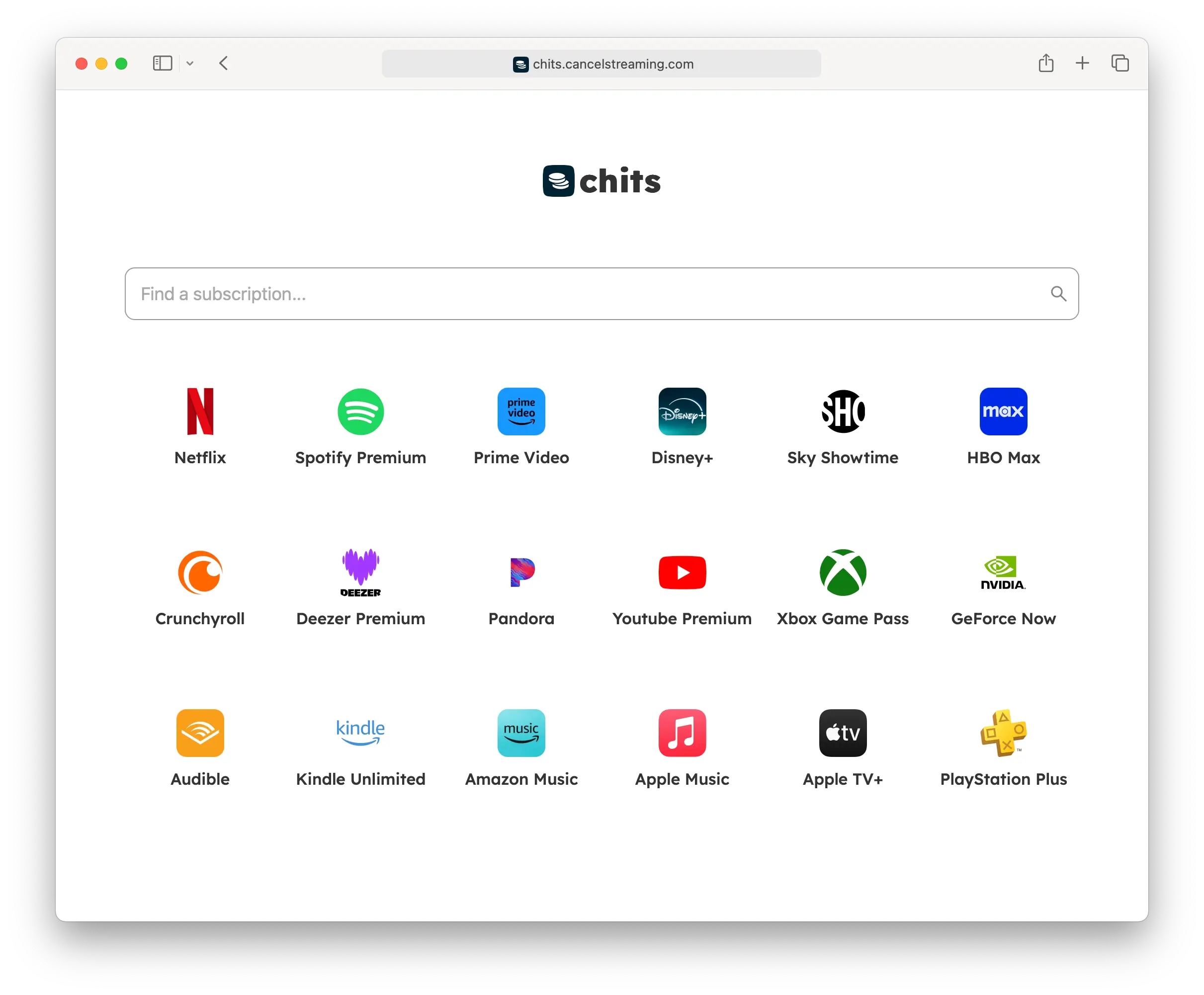 screenshot of Chits app used to manage subscriptions